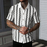 Men Textured Knit Short Sleeve Shirt Contrast Collar Striped Button up Shirt Vintage Casual Summer Shirts for Men