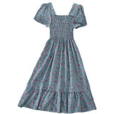 Square Collar Floral Skirt Women's High Waist Floral Dress A-line Dress Elastic Waist Dress