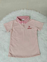 Women's Korean Style Pink Plaid Splice Slim Fit Polo Collar Short Sleeve T-shirt Summer Fashion Slimming Top