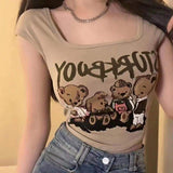 Cute Print Beauty Back Waist Chest Padded Bra Vest Ribbed Camisole K-pop Dance Wear Sexy Club Tank Crop Top