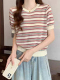 Crewneck Knitted Loose-fit Short-Sleeved Tee T-shirt for Women
