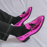 Mens Luxury Shiny Pink Patent Leather Tassel Loafers Metallic Magenta Slip on Dress Shoes for Wedding Prom Party Stage Look