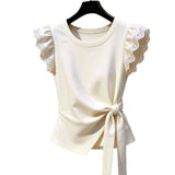 Summer New Arrival Women French Elegant Designer Crew Neck Tie Waist Irregular Flutter Sleeve T-Shirt Chic Lady Casual Tops