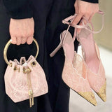 Women's Elegant Black Pink Lace Stiletto Heels Pointed Toe Ankle Strap Metallic Cap Party Wedding Pumps