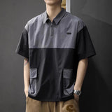 Men Color Block Cargo Pocket Polo Shirt Half Zip Collar Short Sleeve Loose Casual Workwear T Shirt