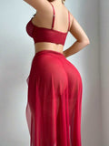 New Sexy Women's Mesh Heart Patchwork 2-Piece Pajama Set Long Sleeve Loungewear