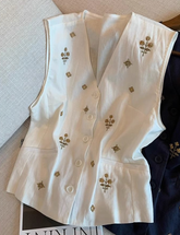 Summer Old Money Style Embroidered Sleeveless Top, Women V-Neck Loose Versatile Elegant Vest Tank Top