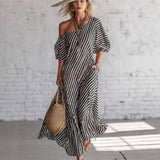 Women Striped Maxi Dress One Off Shoulder Puff Short Sleeve Loose Fit Pocket Flowy Hem Beach Vacation Long Dress
