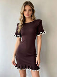 Women Short Sleeve Ruffle Trim Knit Bodycon Mini Dress Round Neck Slim Fit Party Club Short Dress Elegant Solid Knitted Dress