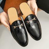 Men Backless Mule Loafers With Woven Pattern PU Leather Upper and Metal Buckle Daily Wear and Business Occasions