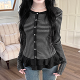 Ribbed Striped Button-Front Cardigan with Ruffle Hem