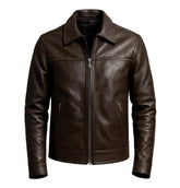 Shirt Collar Brown Style Lambskin Leather Jacket