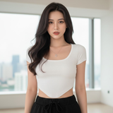 Fitted Ribbed Square Neck Short-Sleeve Top