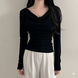 Fitted Ribbed Cowl Neck Long Sleeve Top