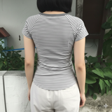 Women's Summer Vintage V-Neck Pullover Sweater , Short Sleeve Striped Y2K Fashion Tee , Slim Fit Basic Casual Top with Button Detail