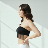 Black Strapless Fringe Tube Top | Cropped Bandeau Crop Top with Tassel Hem