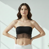 Black Strapless Fringe Tube Top | Cropped Bandeau Crop Top with Tassel Hem