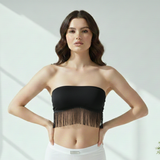 Black Strapless Fringe Tube Top | Cropped Bandeau Crop Top with Tassel Hem