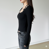 Autumn Women's Pullover , Sweet Bow Button V-Neck Blouse with Lace Trim & Ruched Detail , Cute Slim Fit Long Sleeve T-Shirt OEM