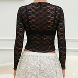Black Sheer Floral Lace Long-Sleeve Top