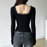 Autumn Women's Pullover , Sweet Bow Button V-Neck Blouse with Lace Trim & Ruched Detail , Cute Slim Fit Long Sleeve T-Shirt OEM