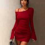 Ruched Off-Shoulder Bell Sleeve Mini Dress
