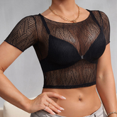 Black Women Short Sleeve Low Collar See-through Mesh Base Shirt Women's Large Size Lace Women Female Cropped Top