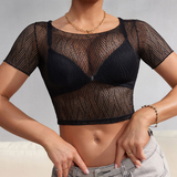 Black Women Short Sleeve Low Collar See-through Mesh Base Shirt Women's Large Size Lace Women Female Cropped Top