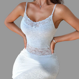 Sexy Lace Inset Ribbed Bodycon Midi Dress - Women’s Slim Fit Knitted Knee-Length Dress – Lace Hollow Spaghetti Strap