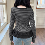 Ribbed Striped Button-Front Cardigan with Ruffle Hem