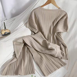 Relaxed Ribbed Knit V-Neck Top and Wide-Leg Pants Set