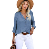 Women’s Everyday V-Neck Button-Up Blouse for Effortless Style - Casual Roll-Sleeve V-Neck Henley Shirt