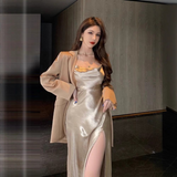 Gold Satin Cowl Neck Maxi Slip Dress