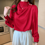 Elegant Draped High-Neck Satin Blouse