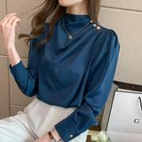 Elegant Draped High-Neck Satin Blouse