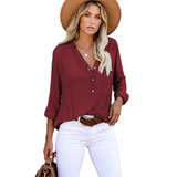 Women’s Everyday V-Neck Button-Up Blouse for Effortless Style - Casual Roll-Sleeve V-Neck Henley Shirt