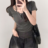 Fitted Ribbed V-Neck Button-Up Top with Contrast Waist