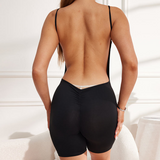 Black Bodycon Unitard Romper for Women – Spaghetti Strap Biker Short Jumpsuit - Stretchy Activewear Playsuit