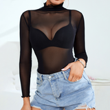 Sheer Black Mesh Turtleneck Top with Frill Trim