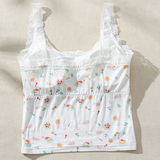 Cute Print Lace Trim Fitted Cami Top