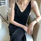 V-Neck Ribbed Knit Maxi Tank Dress with Side Slit