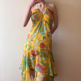 Tropical Floral Print Halter Neck Maxi Dress