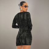 Textured Velvet V-Neck Long Sleeve Mini Dress