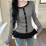 Ribbed Striped Button-Front Cardigan with Ruffle Hem