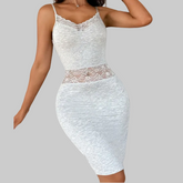 Sexy Lace Inset Ribbed Bodycon Midi Dress - Women’s Slim Fit Knitted Knee-Length Dress – Lace Hollow Spaghetti Strap