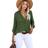 Women’s Everyday V-Neck Button-Up Blouse for Effortless Style - Casual Roll-Sleeve V-Neck Henley Shirt