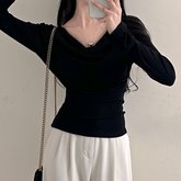 Fitted Ribbed Cowl Neck Long Sleeve Top