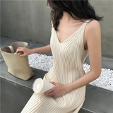 V-Neck Ribbed Knit Maxi Tank Dress with Side Slit