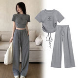 Drawstring Crop Tee and Wide-Leg Sweatpants Lounge Set