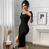 Chic Short-Sleeve Bodycon Midi Dress with Slit